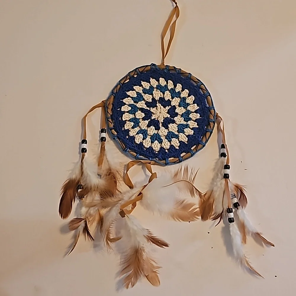 Hand Crafted crochet floral dreamcatcher blue eclectic textile arts wall decor